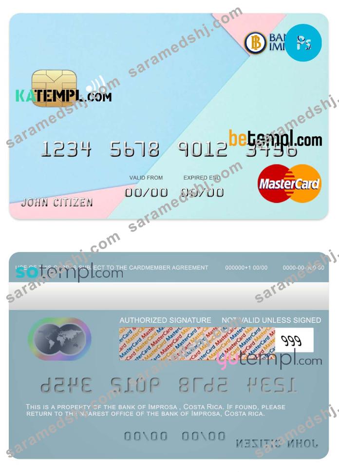 Costa Rica Improsa bank mastercard credit card template in PSD format, fully editable